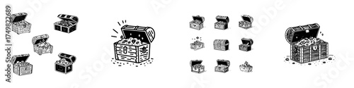 Collection of pirate treasure chests filled with gold coins and jewels