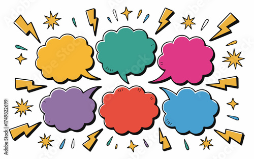 Vibrant speech bubbles and lightning bolts create a dynamic pop-art style communication background for social media and fun, energetic branding projects