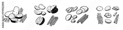 Various potato forms: whole, sliced, and cut into french fries