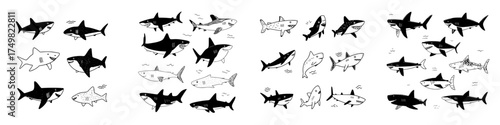 Hand drawn cute shark icons in black and white style