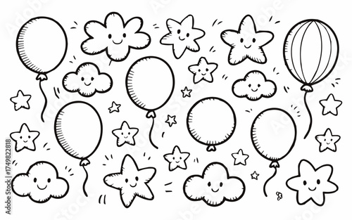 Celebrate with cheerful balloons, adorable smiling stars, and fluffy clouds perfect for kids party invites and fun event designs
