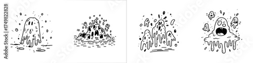 Four dripping melting cartoon ghost characters in black and white style