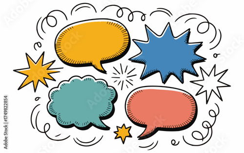 Vibrant cartoon speech bubbles and stars for creative brainstorming or comic book design with a fun, playful energy ideal for social media marketing