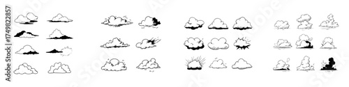 Set of hand drawn cloud icons in sketch style with shading and motion effects