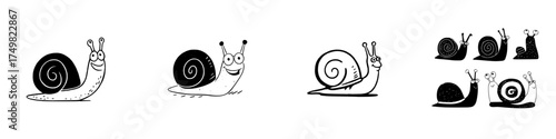 Set of happy and funny cartoon snail characters in monochrome style