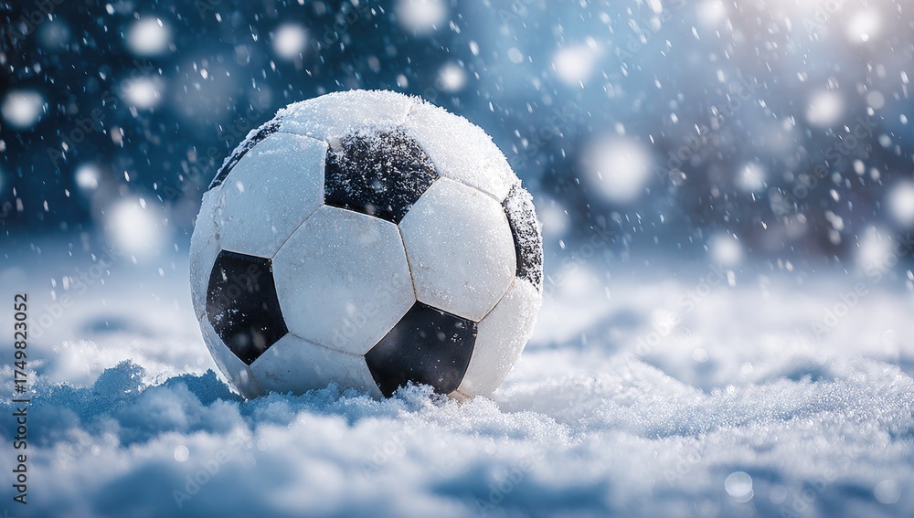 Fototapeta premium A soccer ball, partially covered in snow, rests outdoors as snowflakes fall gently