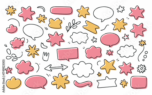 Playful hand-drawn doodle elements for social media templates and cute designs featuring stars, clouds, speech bubbles, and arrows for creative projects