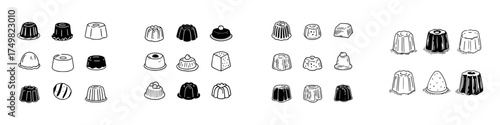 Molded pudding and jelly dessert icons in black and white outline styles