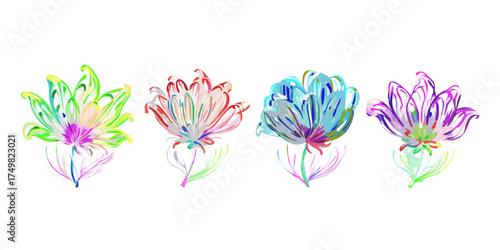 Set of Abstract digital renderings of flowers, combining natural forms with neon outlines and vibrant digital effects isolated on transparent background.vector icon