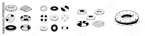Hand drawn icons of swimming rings and inflatable pool floats for summer