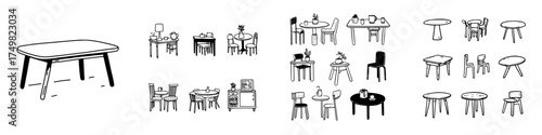 Hand drawn cafe furniture set icons featuring tables and chairs