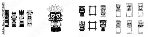 Hand drawn tribal tiki mask icons and rustic wooden frame elements
