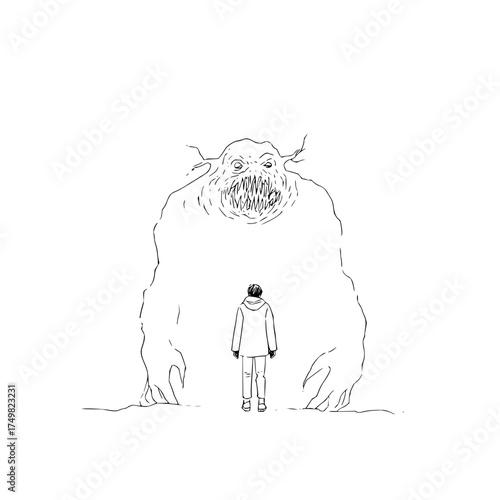 A lone figure faces a large monstrous creature with sharp teeth in a minimalist black and white drawing