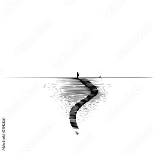 A minimalist illustration showing a figure standing on a path with another figure sitting nearby on a white background
