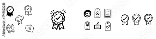 Set of hand drawn quality assurance badge and tag icons in doodle style