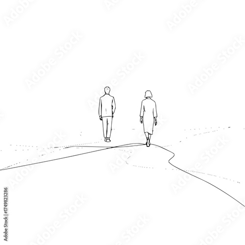 A couple walking away on a winding path in a minimalist black and white illustration style drawing art