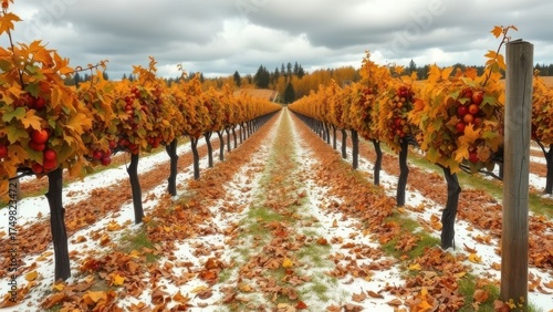 Autumn vineyard under cloudy sky, vines rich with ripe fruit and fallen leaves scattered between rows of wooden stakes. Generative AI