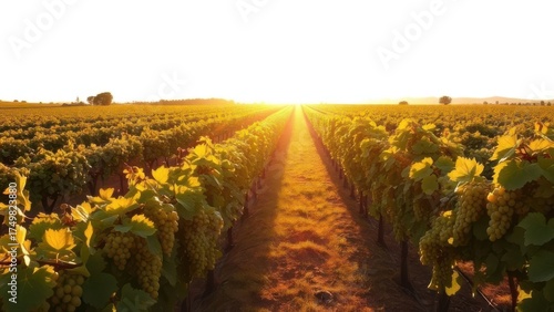 Golden autumn sunlight bathes a vineyard filled with ripe grapes, rows of vines stretching into the horizon under a clear sky. Generative AI