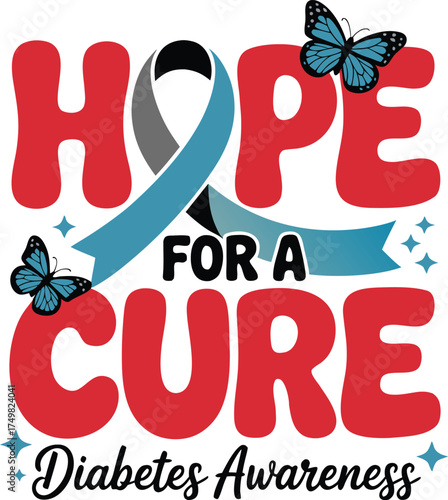 Vector art of hope for a cure diabetes awareness with blue ribbon and butterflies