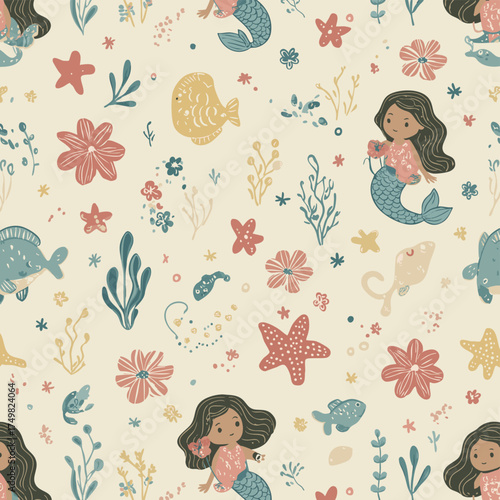 Mermaid pattern, girly mermaid underwater animals star fish, and flowers, baby fish and background cream