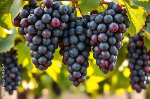 A frontal view of ripe purple grape bunches hanging on the vine, illuminated by soft natural light, showing fine skin texture and fresh green leaves around. Generative AI