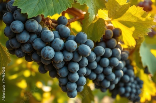 Ripe blue-black grapes on the vine, covered with natural bloom, detailed view of smooth texture and warm sunlight filtering through leaves. Generative AI