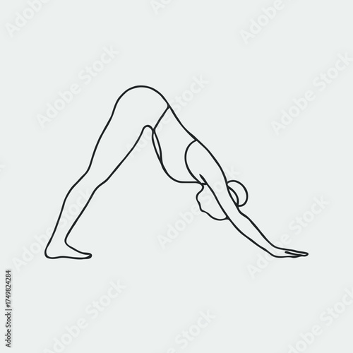 Woman practicing downward dog yoga pose in minimalist line art  