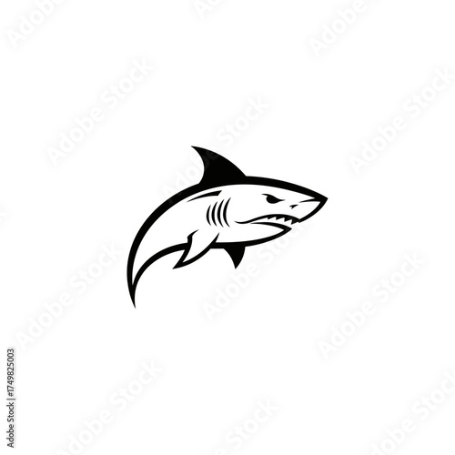 Black outline of a menacing shark with visible teeth on a white backdrop