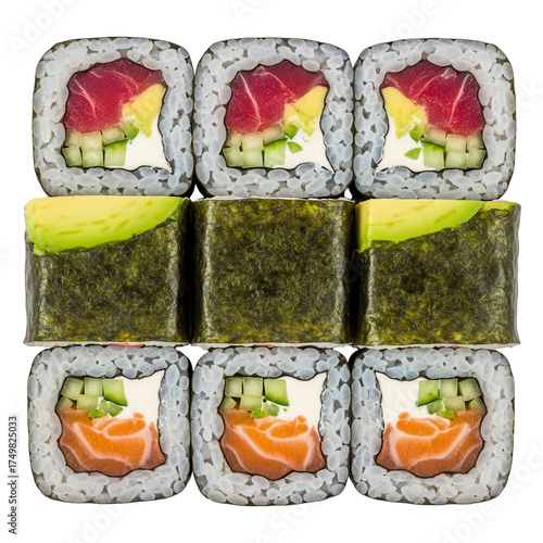 Sushi roll set featuring tuna salmon and avocado perfect for a restaurant menu or food blog isolated on white