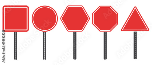 Set of Red Geometric Road Signs on Poles for Traffic Control and Safety Design