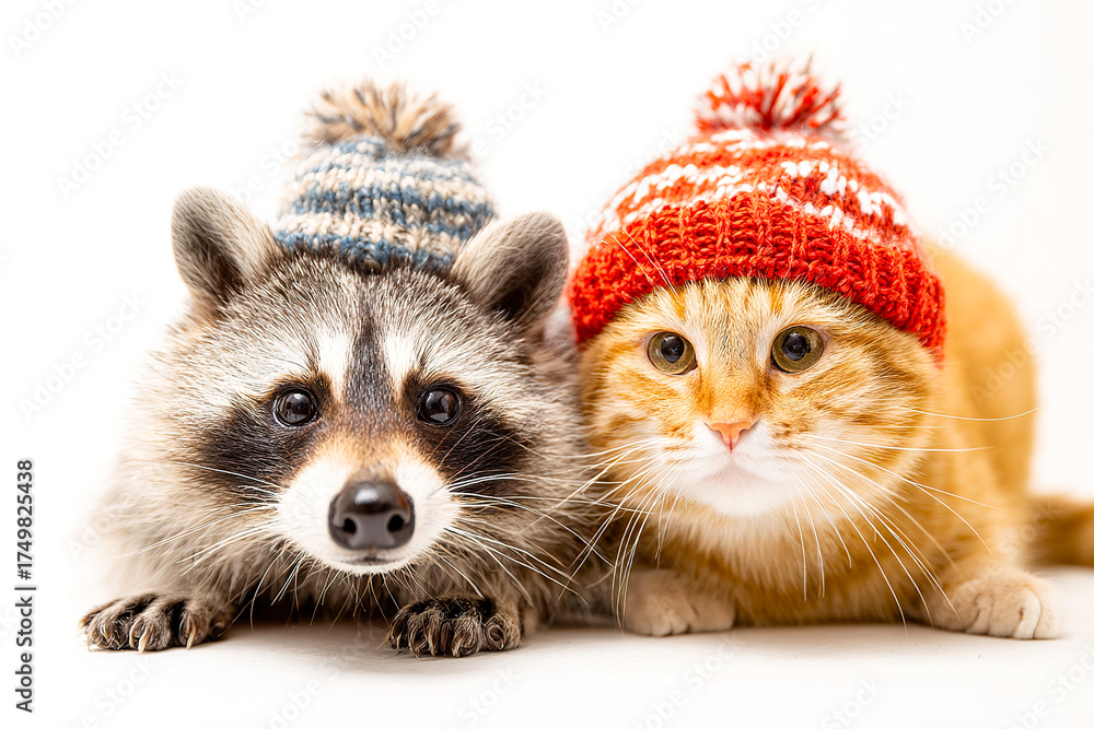 Obraz premium Domestic raccoon and cat in New Year's hats looking at camera, Christmas and New Year concept, isolated on white background.