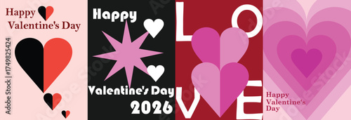 Valentine’s Day 2026 poster set with hearts and love typography design. Romantic pink and red abstract backgrounds for greeting cards, digital banners, and festive celebration visuals.