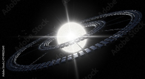Fototapeta Naklejka Na Ścianę i Meble -  Orbital station rings a bright star in the vastness of outer space
