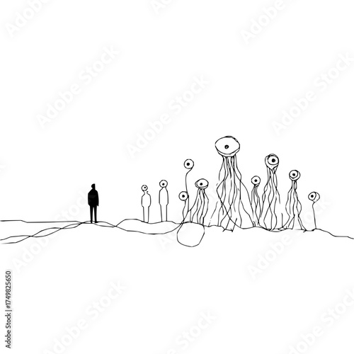 Silhouette of a person facing strange eye stalk creatures in a minimalist black and white drawing style