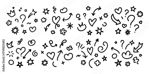 Collection of hand drawn doodle elements including hearts stars question marks and arrows on white background