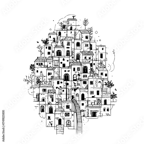 Hand drawn sketch of a densely packed village with stairs and various windows and doors illustration