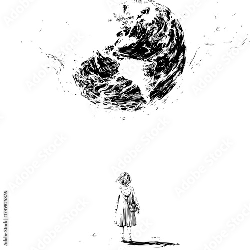 A young girl gazes up at a large swirling dark mass in a stark black and white illustration style art
