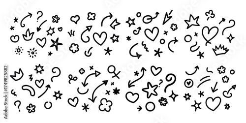 Collection of hand drawn doodle arrows hearts stars and other simple icons on white background