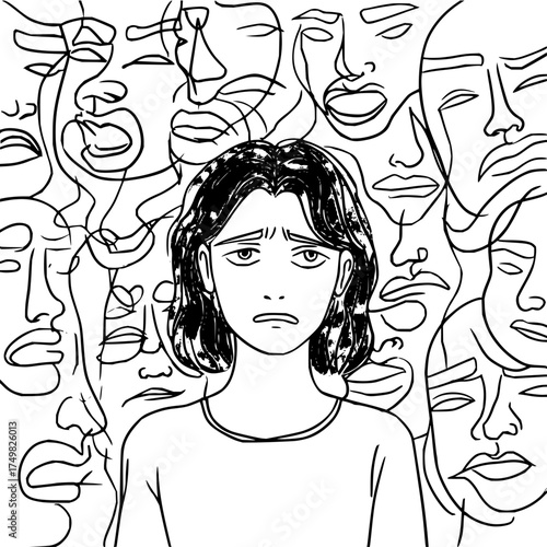 A monochrome drawing of a sad woman surrounded by abstract faces with a worried expression on her face