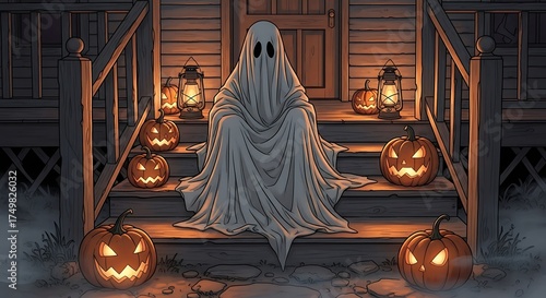 Wallpaper Mural Cartoon Ghost on Porch Steps Surrounded by Jack-o'-Lanterns and Lanterns Torontodigital.ca