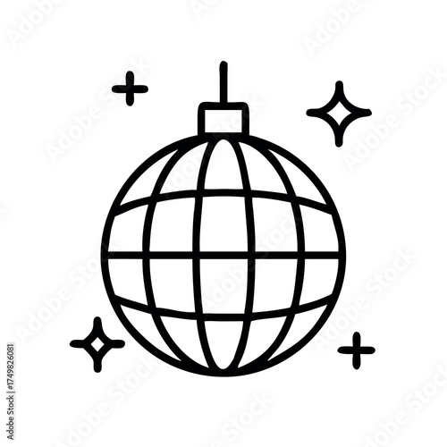 Simple line art icon of a disco ball with sparkles for parties and celebrations