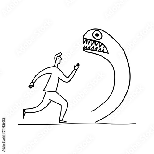 Man running away from a monster with sharp teeth and one eye in a black and white line drawing style