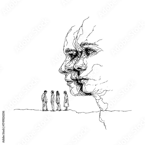 Four figures stand before a large abstract face drawing in black and white with detailed line work style
