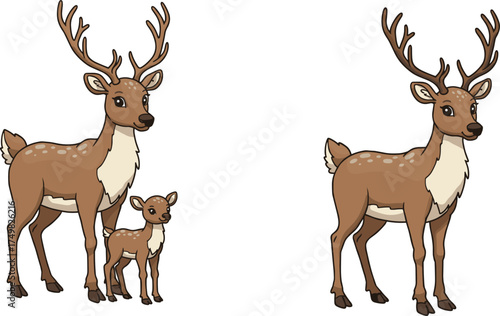 Flat vector cartoon deer family illustration, adult and fawn animals, stylized wildlife design, forest themed artwork, nature character concept
