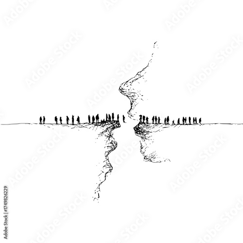 Silhouetted figures stand on opposing cliffs separated by a chasm in a stark black and white landscape