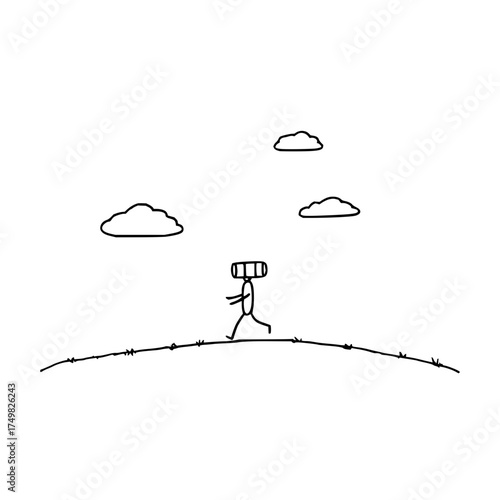 A stick figure with a backpack walking over a barbed wire hill under three clouds in a minimalist style