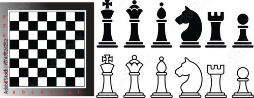 Game chess icon set collection group with board and pieces including king, queen, bishop, knight, rook and pawn isolated on transparent background in black and outline line vector illustration