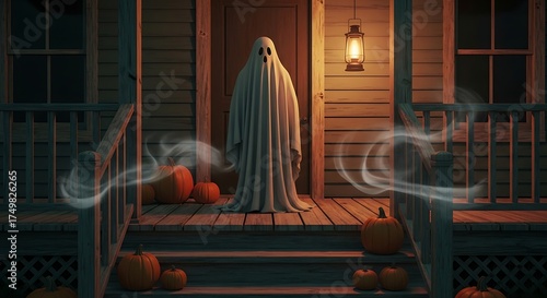 Wallpaper Mural Ghostly apparition on porch with pumpkins and lantern, Halloween night Torontodigital.ca