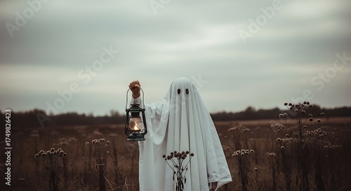 Wallpaper Mural Ghostly figure holding lantern in field under overcast sky with dried flowers Torontodigital.ca