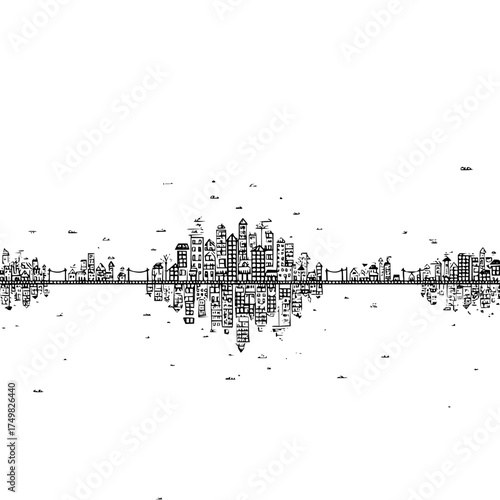 Drawn cityscape with buildings and bridges reflected in water on a white background in black and white style